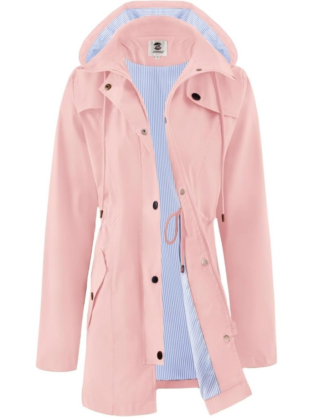 Women's Pink Hooded Snap Pockets Drawstring Waist Waterproof Trench Rain Coat